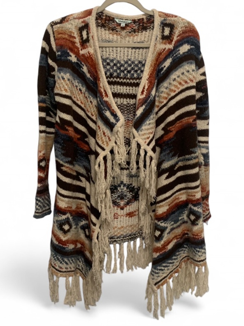 Nostalgia Fringed Open-Front Aztec Knit Cardigan Blanket Sweater
